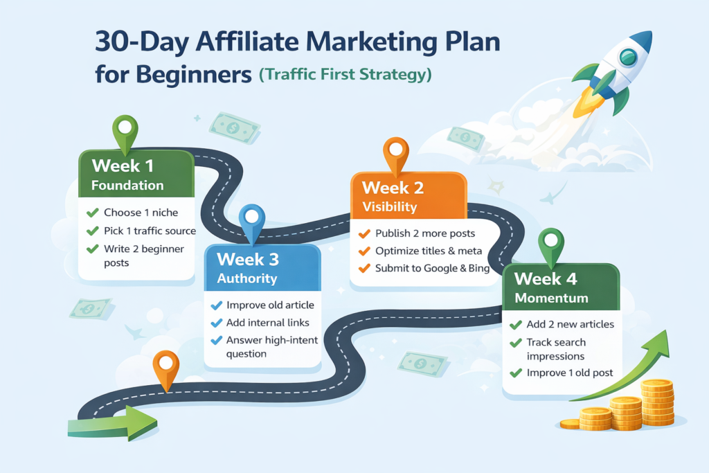 30 day affiliate marketing plan roadmap for beginners showing 4 week traffic strategy