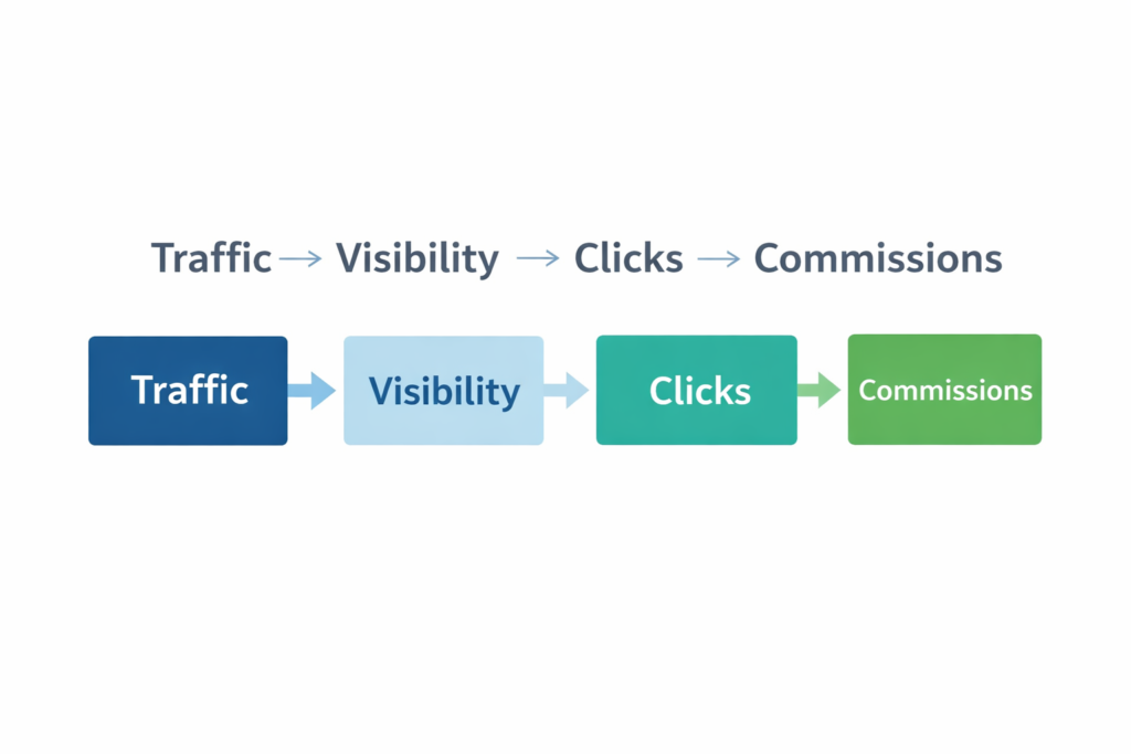 Split graphic showing no traffic on the left and growing visibility with upward graph on the right for beginner affiliate marketing